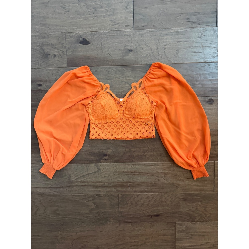 Flying Tomato Crop Top Womens S Orange Lace Balloon Sleeve Boho Festival Blouse